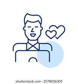 Smiling man at laptop and two hearts. Chatting online on dating websites. Looking for couple. Virtual relationships. Pixel perfect, editable stroke icon