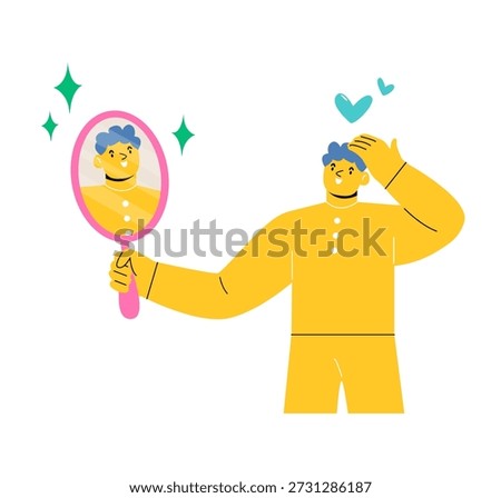 Smiling man look in round shaped mirror satisfied with reflection. Concept of self-love and self-acceptance. Colorful vector illustration


