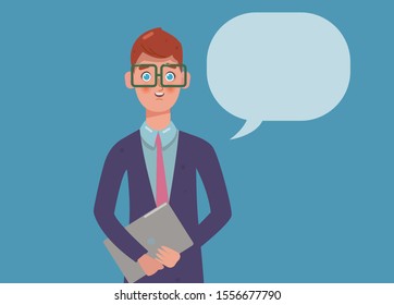Smiling man is looking at the camera, next to a text comic bubble. Business man makes a presentation, training. Expert consultation. Title slide for slideshow