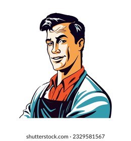 Smiling man looking at camera with pride icon isolated