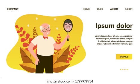 Hombre sonriente mirándose en el espejo. El abuelo se imaginaba a sí mismo como un chico joven, ilustración vectorial plana. Narcisismo y concepto de reflexión para banner, diseño de sitio web o página web de aterrizaje