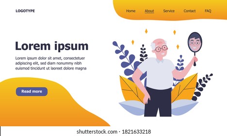 Smiling man looking at himself in mirror. Granddad imagining himself as young guy flat vector illustration. Narcissism and reflection concept for banner, website design or landing web page