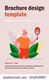Smiling man looking at himself in mirror. Granddad imagining himself as young guy flat vector illustration. Narcissism and reflection concept for banner, website design or landing web page
