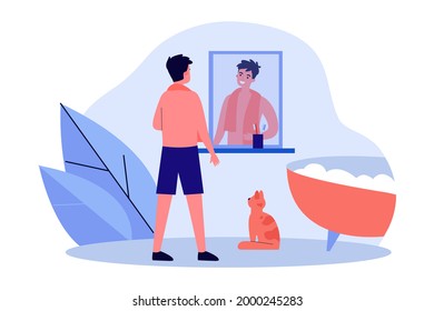 Hombre sonriente mirando al espejo en el baño. Carácter masculino preparándose para el baño, bañera espumosa, gato en el suelo ilustración vectorial plana. Rutina diaria, concepto de higiene para banner, diseño de sitio web