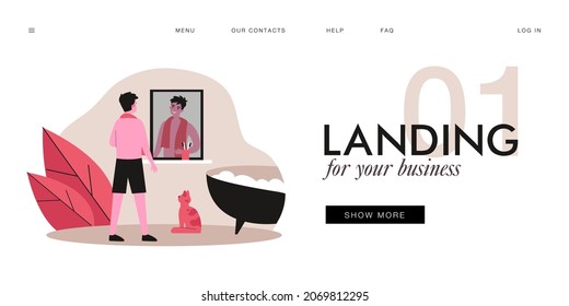 Smiling man looking in mirror in bathroom. Male character getting ready for bath, foamy bathtub, cat on floor flat vector illustration. Daily routine, hygiene concept for banner, website design