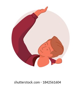 Smiling man looking up from round window isolated portrait