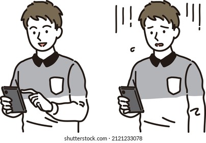 A smiling man looking at a smartphone and a man who feels sorry to see a smartphone