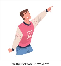 Smiling Man Looking at Something Interesting Pointing Finger at It Vector Illustration