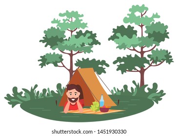 Smiling man lying in tent, mat with products on grass, green trees, picnic element. Portrait view of male character in stall, leisure outdoor, hobby vector