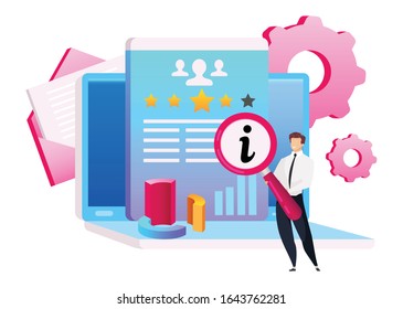 Smiling man with magnifying glass flat concept vector illustration. Analytical CRM 2D cartoon character for web design. Letter and cogwheels. Data analyzing. Laptop with diagram creative idea