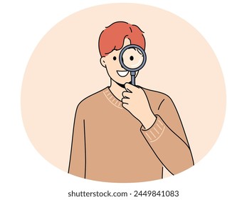 Smiling man with magnifying glass search for information or data. Happy guy with magnifier look for important message doing research. Vector illustration.