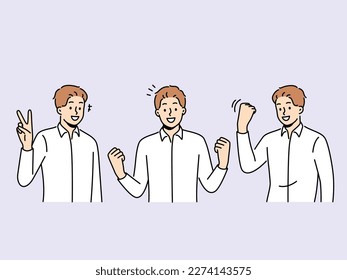 Smiling man make hand gestures celebrating success or victory. Happy lucky guy use body language to show emotions and feelings. Winner and reward. Vector illustration. 