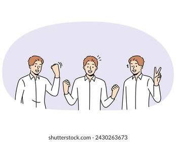 Smiling man make hand gestures celebrating success or victory. Happy lucky guy use body language to show emotions and feelings. Winner and reward. Vector illustration.