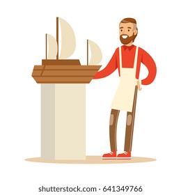 Smiling man making model of a sail boat. Hobby or profession olorful character vector Illustration