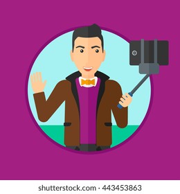 Smiling man making selfie with a selfie-stick. Man taking photo with cellphone. Young man taking selfie and waving. Vector flat design illustration in the circle isolated on background.