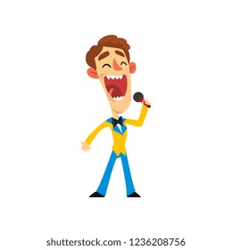Hombre sonriente con micrófono, presentador del espectáculo vectorial Ilustración en fondo blanco