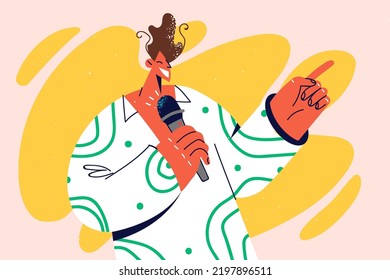 Smiling man with microphone making speech pointing with finger. Happy male speaker or coach with mic talking in front of audience. Vector illustration. 