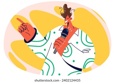 Smiling man with microphone making speech pointing with finger. Happy male speaker or coach with mic talking in front of audience. Vector illustration.