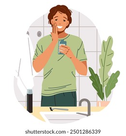 Hombre sonriente que hidrata la piel después de afeitarse en la Ilustración vectorial plana del color del cuarto de baño. Chico feliz que aplica el bálsamo en el icono del concepto de la cara en blanco