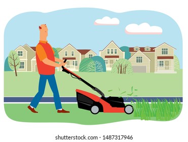 Smiling man mows grass with a lawn mower on the background of houses. Vector full color graphics