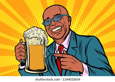 Smiling man with a mug of beer foam. African American people. Comic cartoon pop art retro vector illustration drawing