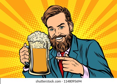 Smiling man with a mug of beer foam. Comic cartoon pop art retro vector illustration drawing