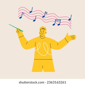 Smiling man musician with baton. Colorful vector illustration
