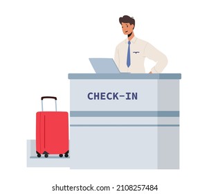 Smiling Man Officer at Check-in Counter Desk with Laptop and Luggage. Airport Staff Male Character Boarding Pass to Passengers. Airline Service for Travel and Trip. Cartoon People Vector Illustration