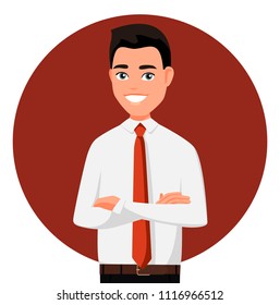 Smiling man in official clothes with arms crossed. Vector illustration in cartoon style. Realistic people. Flat young man. Front view man. 