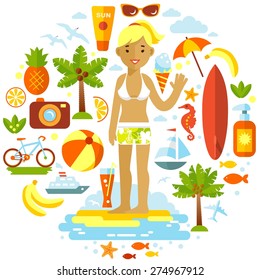 Smiling man on the background with summer beach vacation elements set in flat style