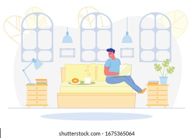 Smiling Man on Bed with Pillow in Bedroom Indoor Home Work at Laptop and Enjoy Yummy Donut and Hot Beverage on Comfortable Workplace. Happy Worker Apartment Modern Flat Vector Illustration