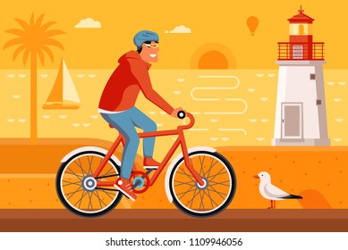 Smiling man on bicycle driving on summer beach background. Cyclist guy riding red bike on the sea side road. Summer bike travel concept illustration with bicyclist driving on seashore by sunset.