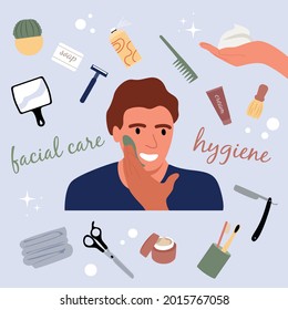 Lächelnd Mann auf blauem Hintergrund wendet sich eine Gesichtsmaske an. Hygiene, Gesundheit und Liebe für den Körper. Vektorflache Illustration. Barbershop und Herrenkosmetik.