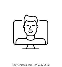 Smiling man on computer monitor. Video call, virtual face to face communication. Pixel perfect vector icon