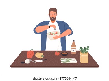 Smiling man on diet cook vegetable salad on kitchen table vector flat illustration. Male apply salt to vegetarian healthy food isolated on white. Guy preparing dinner or lunch with spices and herbs