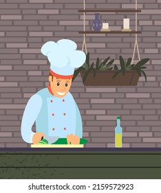 Smiling man on diet cook vegetable salad on kitchen table vector flat illustration. Male professional chef apply cucmber to vegetarian healthy food. Guy preparing dinner or lunch with spices and herbs