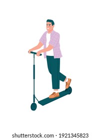 Hombre sonriente sobre el carácter detallado del vector de color plano de la motocicleta electrónica. Hombre feliz montando en un vehículo eléctrico. Actividad al aire libre para ilustración de caricatura aislada de primavera para diseño gráfico web y animación