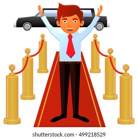 Smiling man on red carpet entrance vector illustration