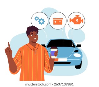 A smiling man in an orange shirt holding coffee stands in front of a blue car, pointing upward with car part icons above. Vector illustration on white background