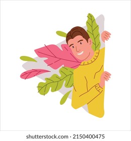 Lächelnder Mann, der aus der Ecke mit farbenprächtiger Foliage-Vektorgrafik aus der Ecke pinkelt