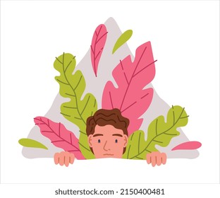 Smiling Man Peeking Out of Window with Colorful Foliage Vector Illustration