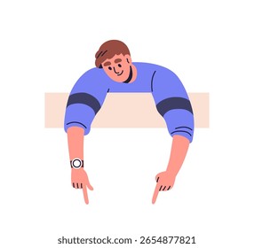 Hombre sonriente mirando, inclinado sobre y detrás de la tabla, señalando hacia abajo con los dedos, haciendo publicidad de los gestos de la mano. Persona mirando y mostrando, mirando. Ilustración vectorial plana aislada sobre fondo blanco