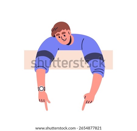 Smiling man peeping, leaning over and behind board, pointing down with fingers, advertising hand gestures. Person looking and showing, peeking. Flat vector illustration isolated on white background