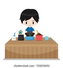 Smiling man planting flower on the table vector design isolated on white background.