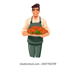 smiling man with plate of roasted turkey on white background