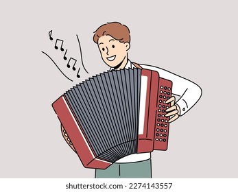 Hombre sonriente jugando con acordeón. Música de macho feliz en instrumentos musicales tradicionales. Animación y pasatiempo. Ilustración vectorial. 