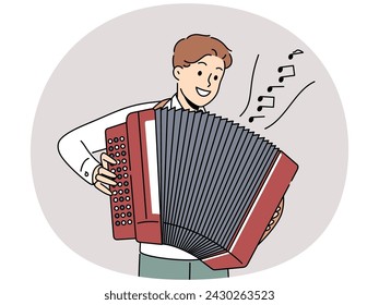 Smiling man playing on accordion. Happy male play music on traditional musical instrument. Entertainment and hobby. Vector illustration.