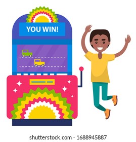 Smiling man playing race on gambling machine, old video-game. Winning male character, afterburner game, casino equipment, person gamer, business vector