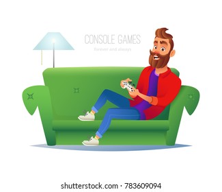 Lächelnder Mann, der zu Hause Videospielkonsole spielt. Vektorgrafik mit dem Hipster-Typ sitzt auf dem Sofa, hält Spielecontroller und sieht fern. Zimmereinrichtung im Flachstil