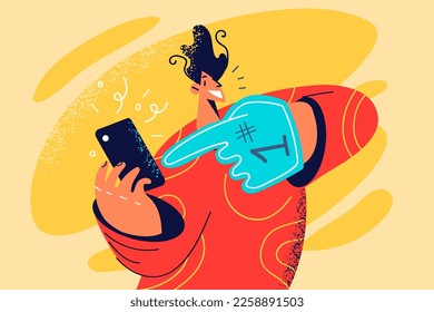 Smiling man point at cellphone recommend good quality electronics. Happy guy give recommendation to smartphone. Technology. Vector illustration. 